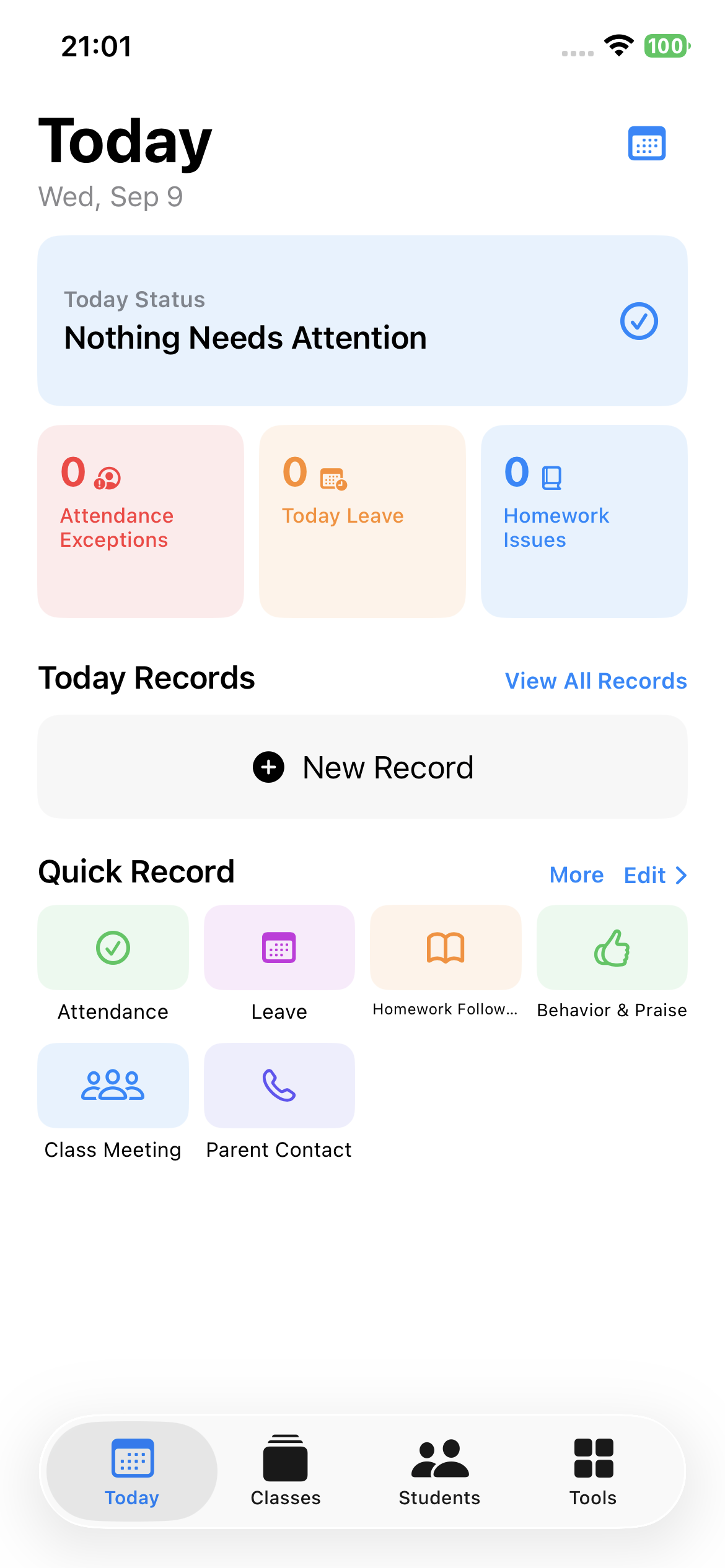 ClassThread Today view showing attendance, leave, homework issues and quick records